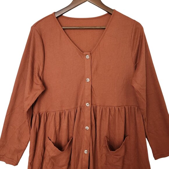 Cupshe Button Front Mini Dress Womens Sz XL Rust Orange Long Sleeve Pockets NWT - Picture 3 of 8